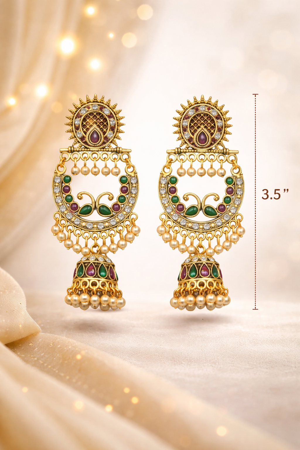 Peacock Motif Antique Gold Chandbali Jhumka Earrings with Pearls | Traditional Temple Jewellery for Women