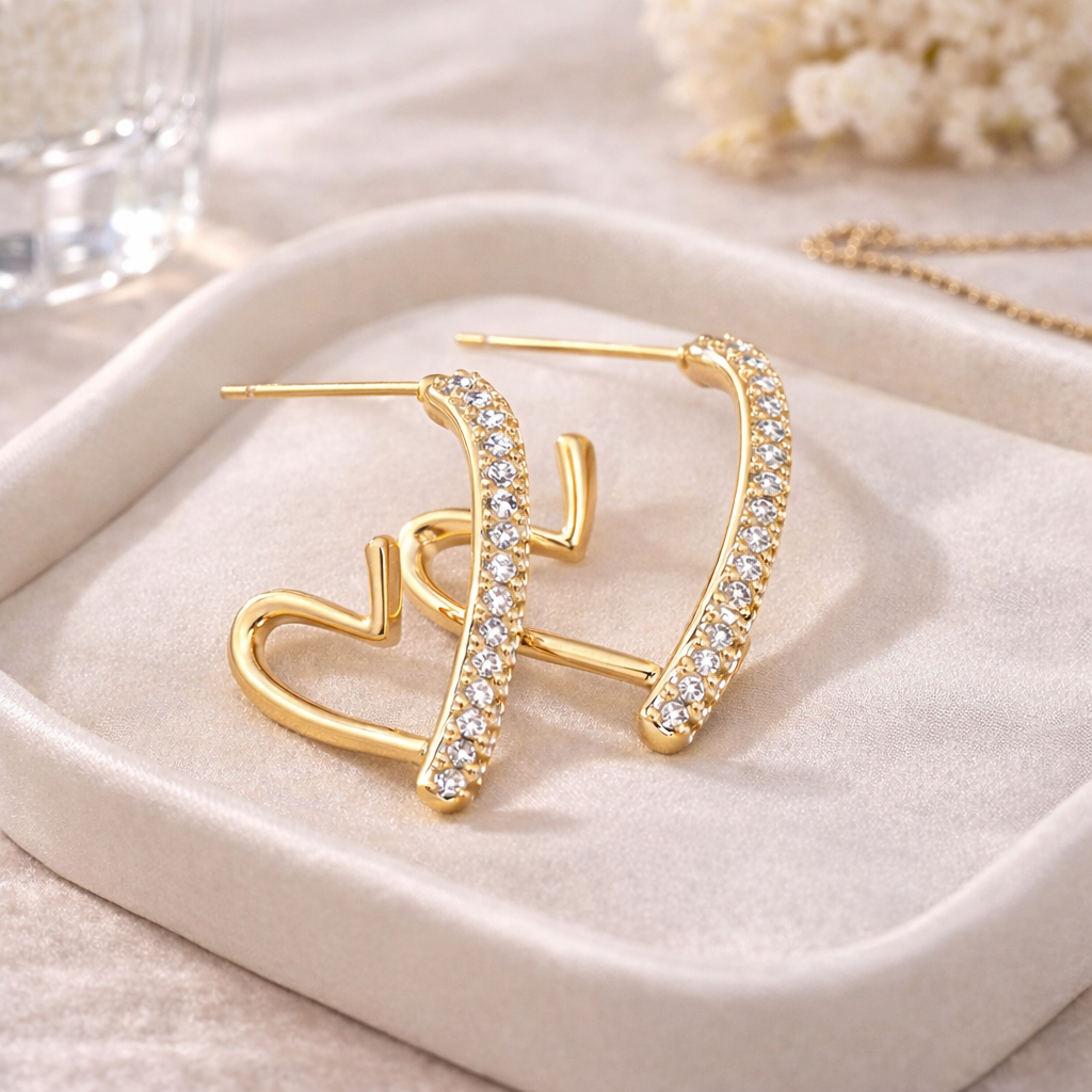 Korean Heart Shaped Hoop Earrings for Women | Golden Crystal Love Earrings