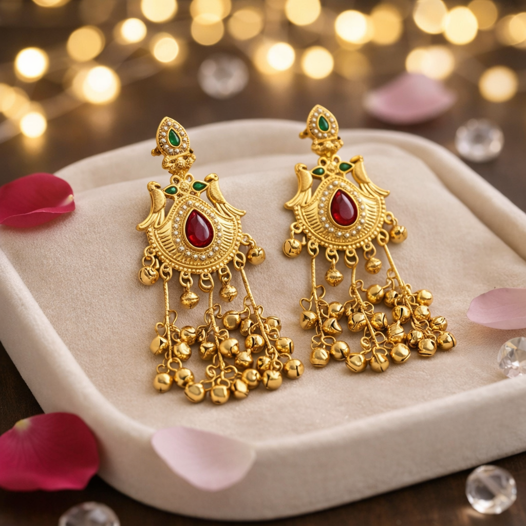 Kashmiri Heritage Gold Plated Dangler Earrings with Red Teardrop Stone, Pearls & Ghungroo Chains