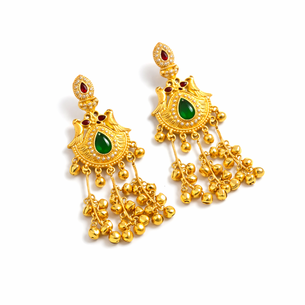 Traditional Kashmiri Gold-Plated Jhumka Earrings with Green Stone, Pearls & Ghungroo Drops