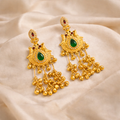 Traditional Kashmiri Gold-Plated Jhumka Earrings with Green Stone, Pearls & Ghungroo Drops