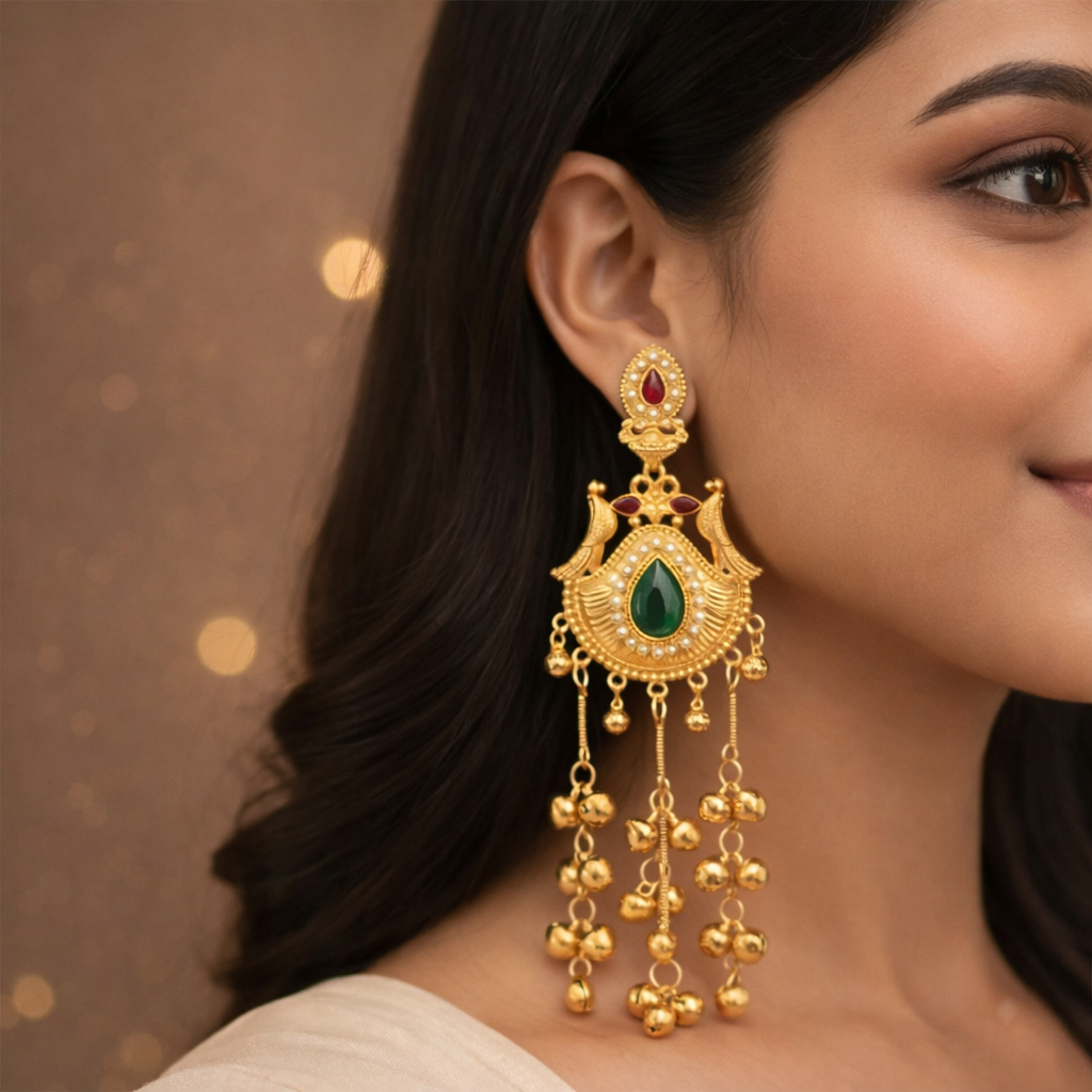 Traditional Kashmiri Gold-Plated Jhumka Earrings with Green Stone, Pearls & Ghungroo Drops