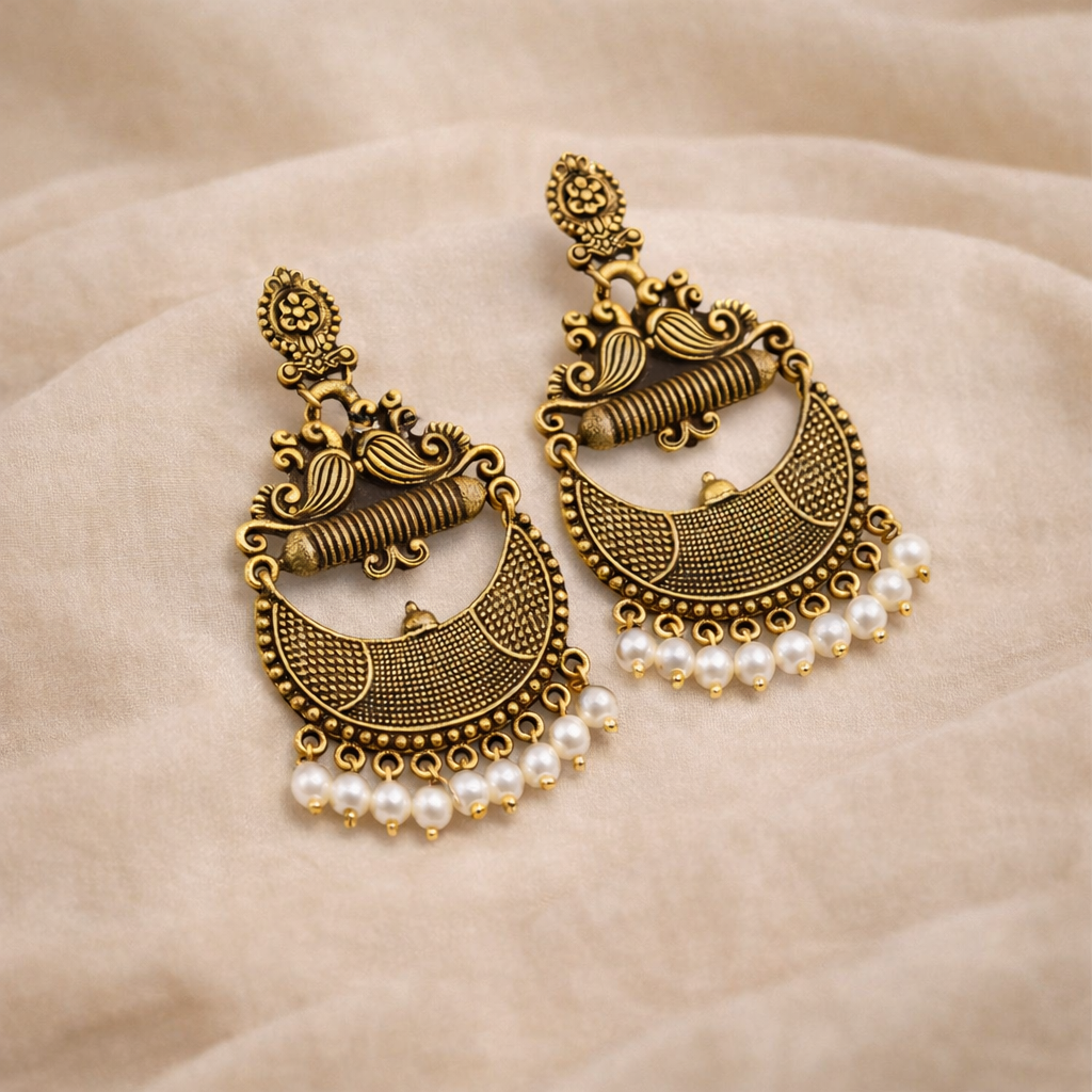 Antique Gold Tribal Chandbali Earrings with Pearl Drops & Peacock Motif | Ethnic Indian Jewellery