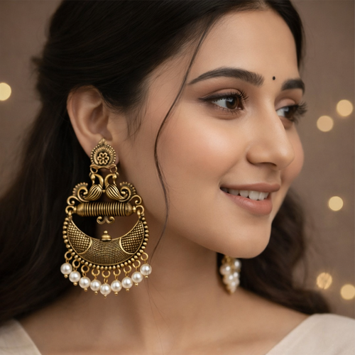 Antique Gold Tribal Chandbali Earrings with Pearl Drops & Peacock Motif | Ethnic Indian Jewellery