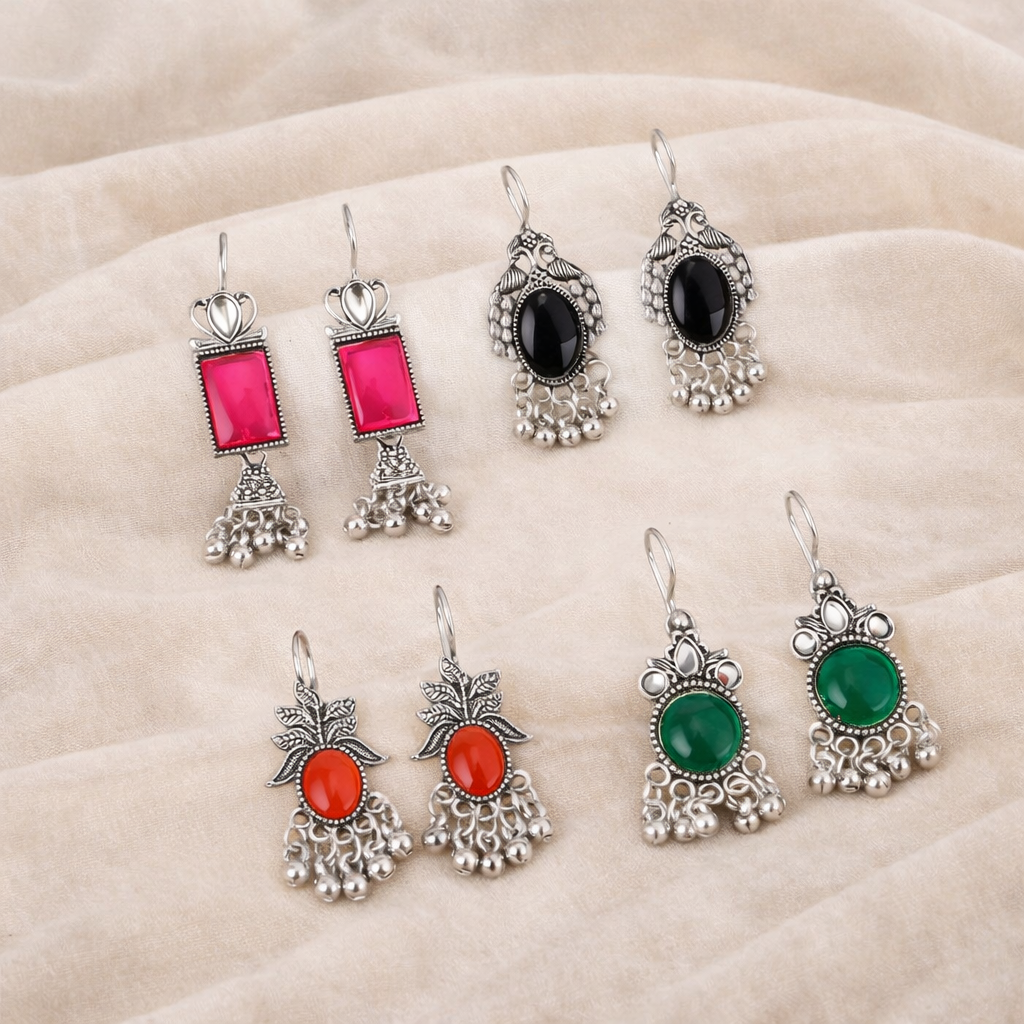 Antique Multicolor Oxidised Afghani Earring Combo Set for Women & Girls (Set of 4)