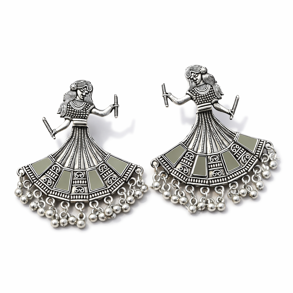 Oxidized Silver Tribal Dancer Earrings with Ghungroo Detailing | Ethnic Boho Jewellery