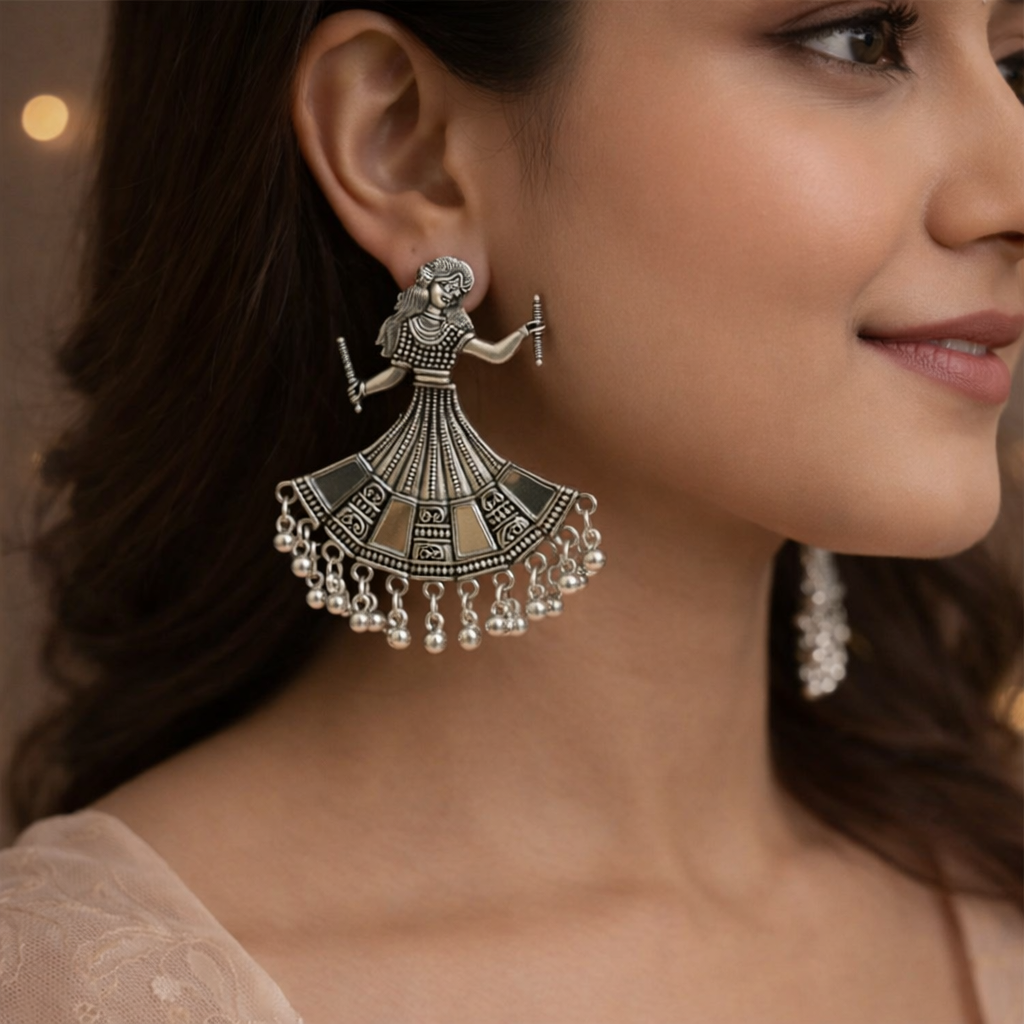 Oxidized Silver Tribal Dancer Earrings with Ghungroo Detailing | Ethnic Boho Jewellery