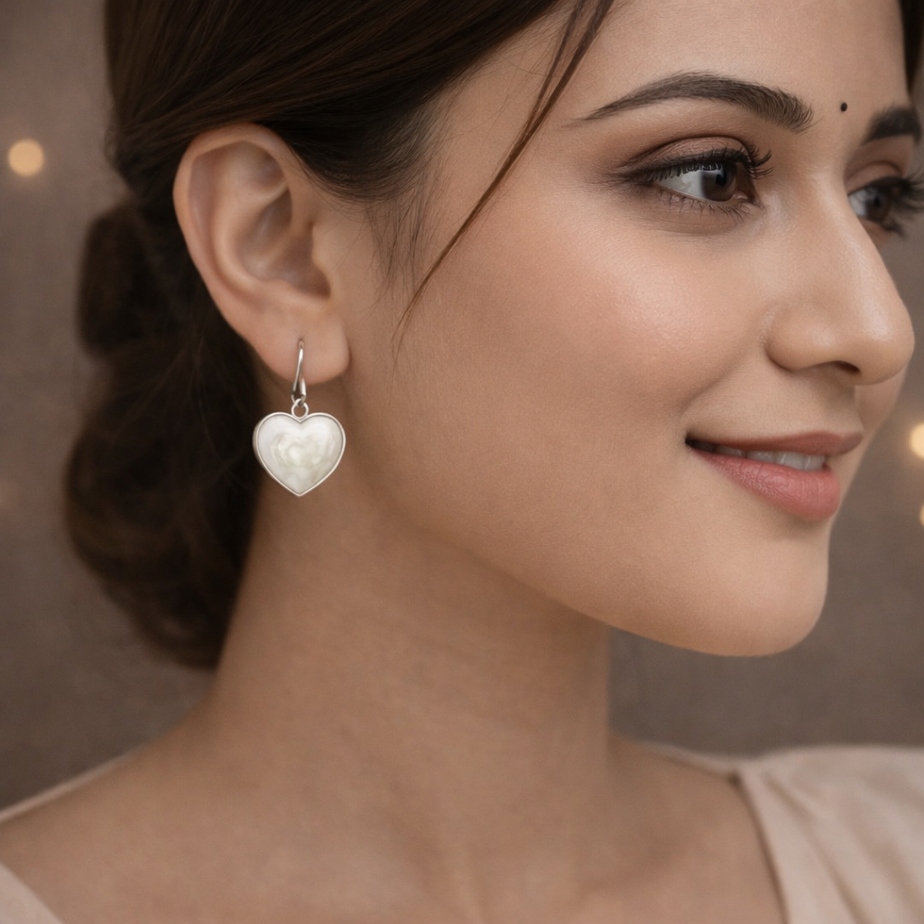 Elegant White Marbled Heart Drop Earrings for Women | Silver Tone Lever Back Jewellery