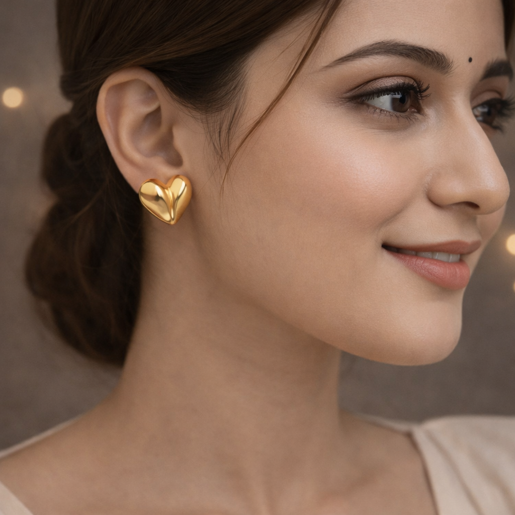 Chunky Gold Puffy Heart Stud Earrings for Women | Statement Dome Heart Jewellery