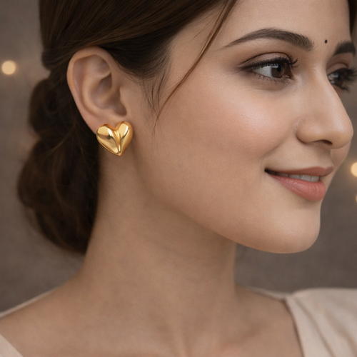 Chunky Gold Puffy Heart Stud Earrings for Women | Statement Dome Heart Jewellery