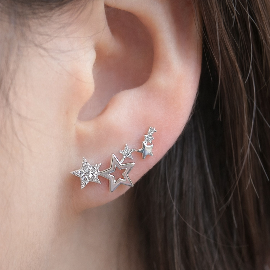 Korean Style Silver Zircon Star Earrings for Women | Minimal Glittering Star Stud Jewellery
