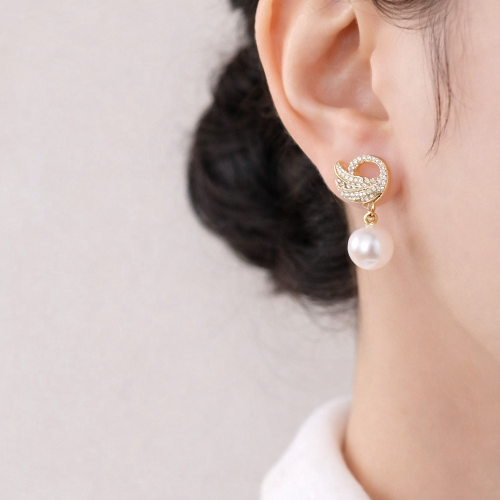 Korean Style Swan Pearl Drop Earrings for Women | Golden White Elegant Alloy Jewellery