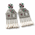 Oxidized Silver House-Shaped Earrings with Multicolor Stones & Shell Danglers | Ethnic Boho Jewellery