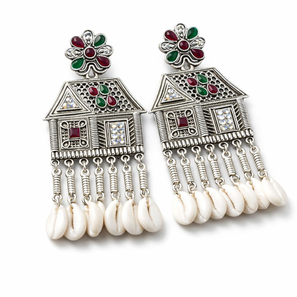Oxidized Silver House-Shaped Earrings with Multicolor Stones & Shell Danglers | Ethnic Boho Jewellery