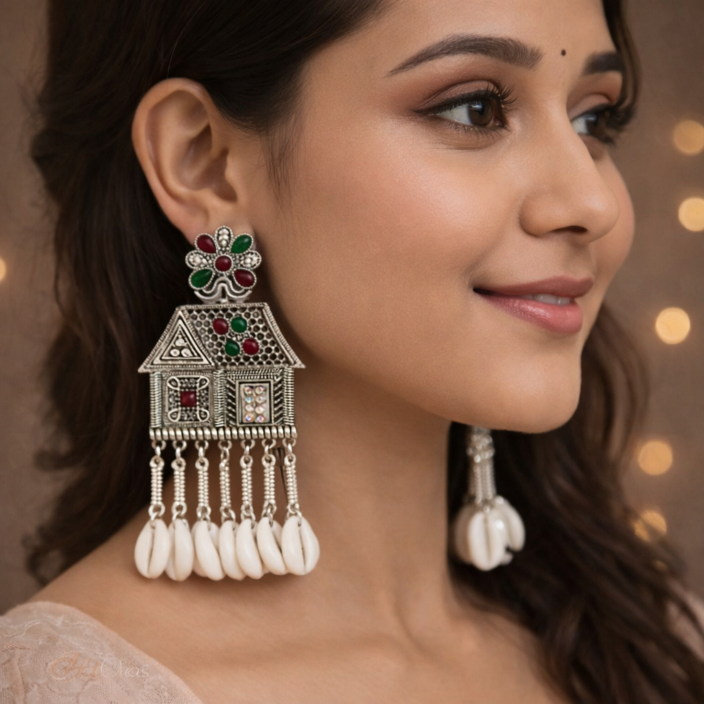 Oxidized Silver House-Shaped Earrings with Multicolor Stones & Shell Danglers | Ethnic Boho Jewellery
