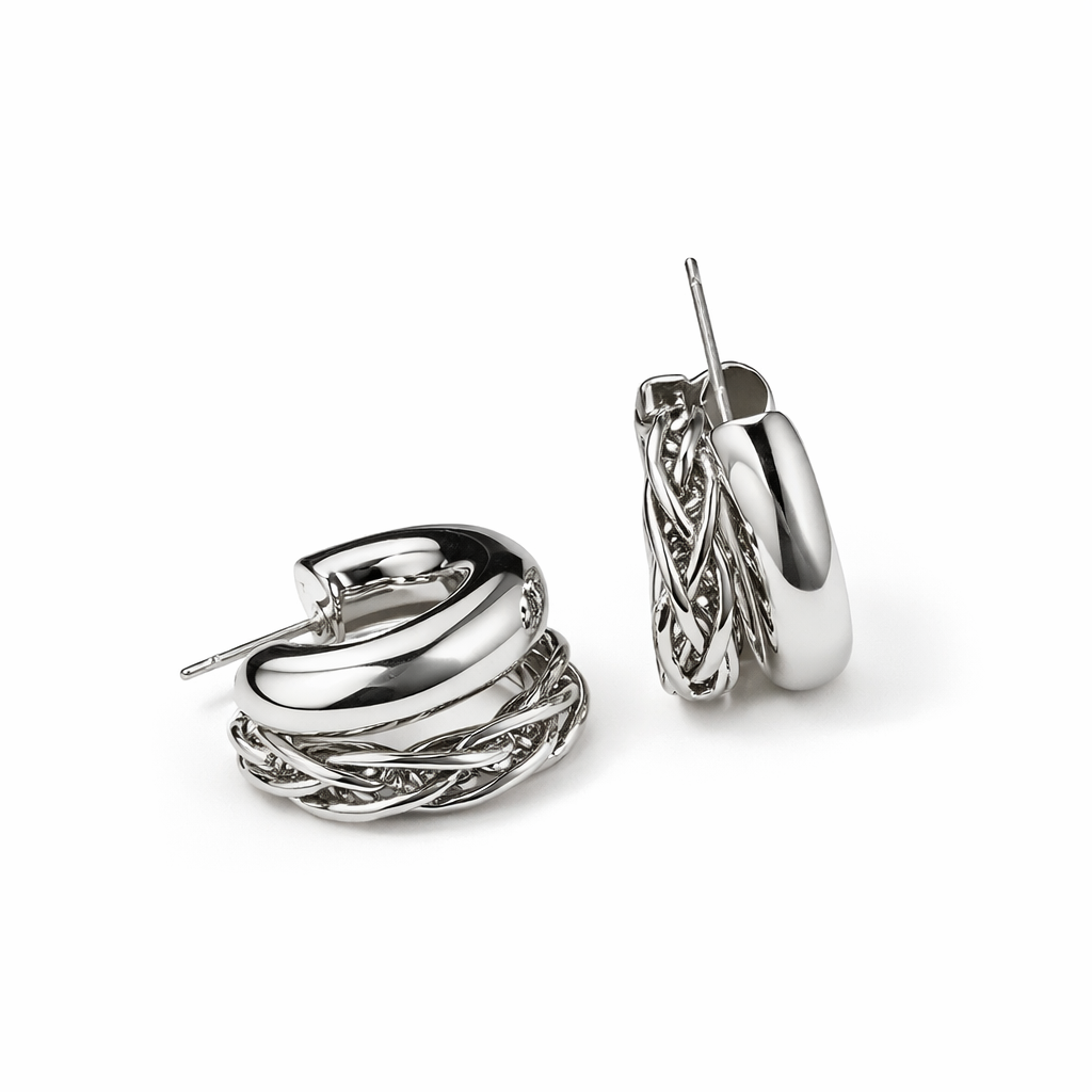 Korean Style Silver Plated Double Hoop Earrings for Women | Chunky Twisted Alloy Huggie Earrings