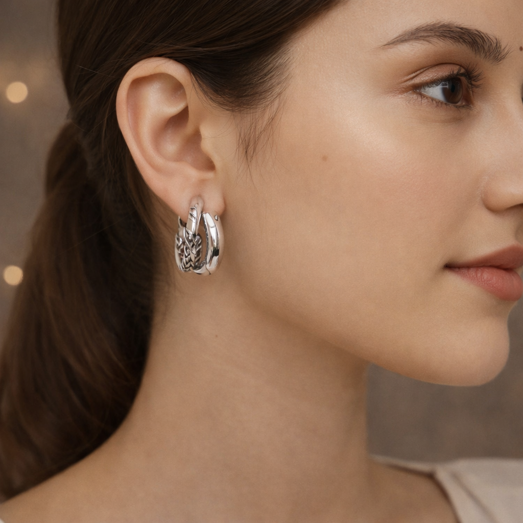 Korean Style Silver Plated Double Hoop Earrings for Women | Chunky Twisted Alloy Huggie Earrings