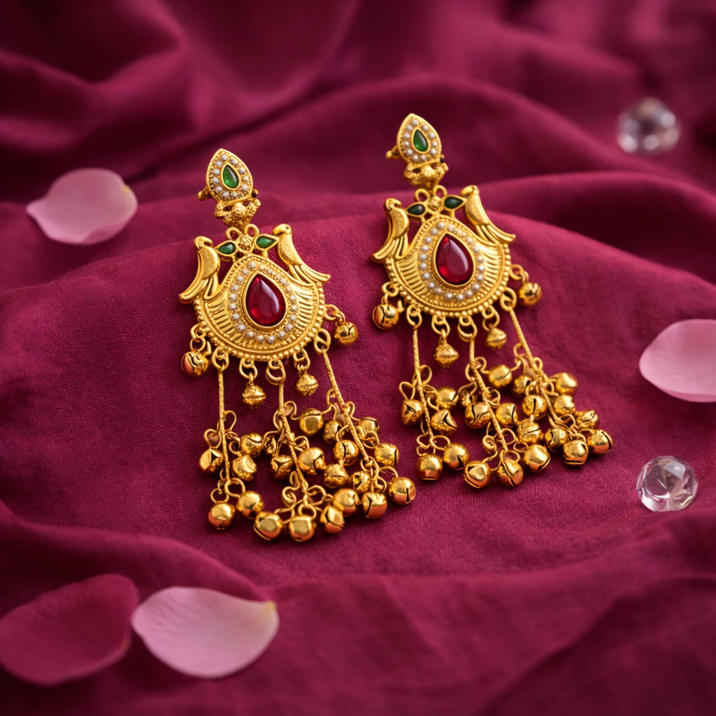 Kashmiri Heritage Gold Plated Dangler Earrings with Red Teardrop Stone, Pearls & Ghungroo Chains