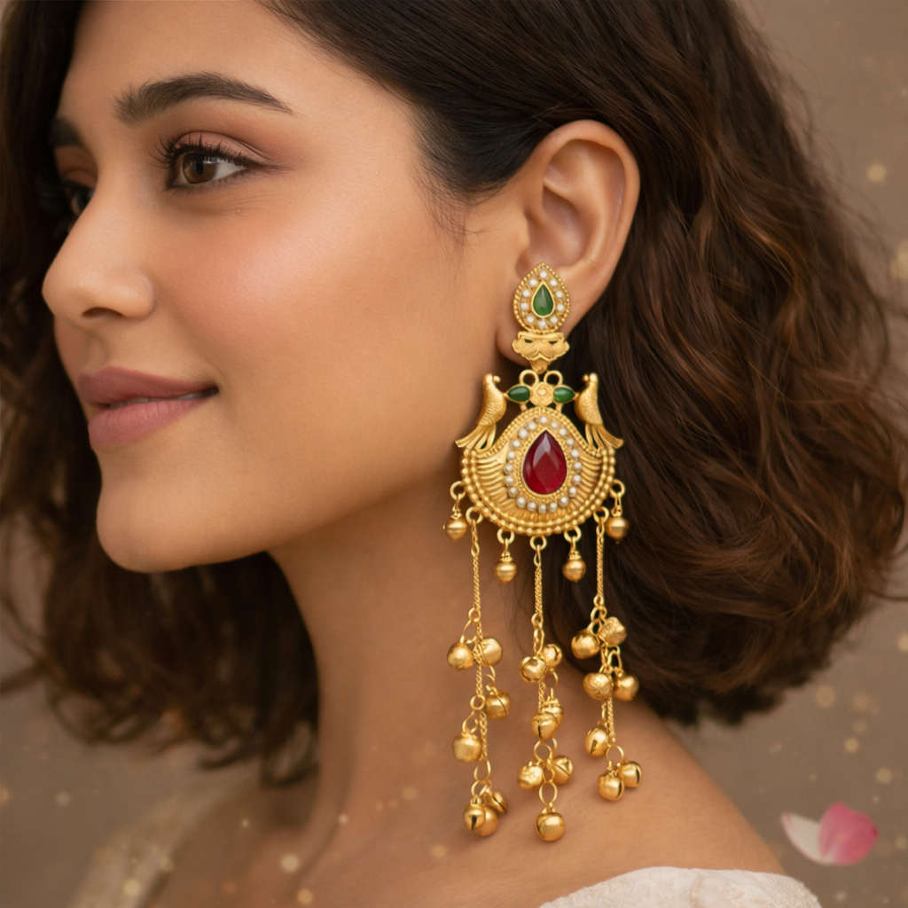 Kashmiri Heritage Gold Plated Dangler Earrings with Red Teardrop Stone, Pearls & Ghungroo Chains