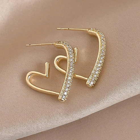 Korean Heart Shaped Hoop Earrings for Women | Golden Crystal Love Earrings