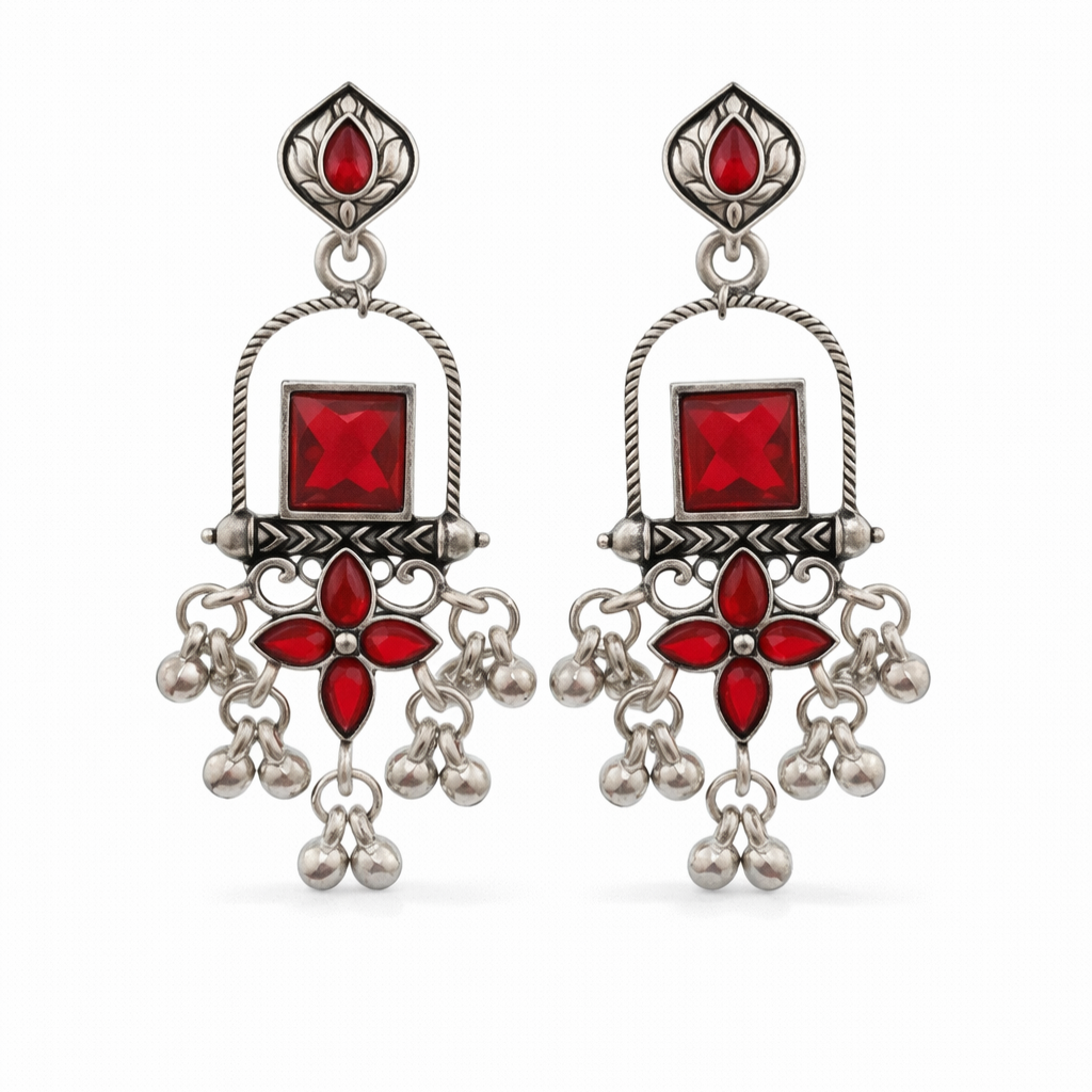 Traditional Silver Oxidised Green Kundan Dangler Earrings for Women | Antique Alloy Ethnic Jewellery