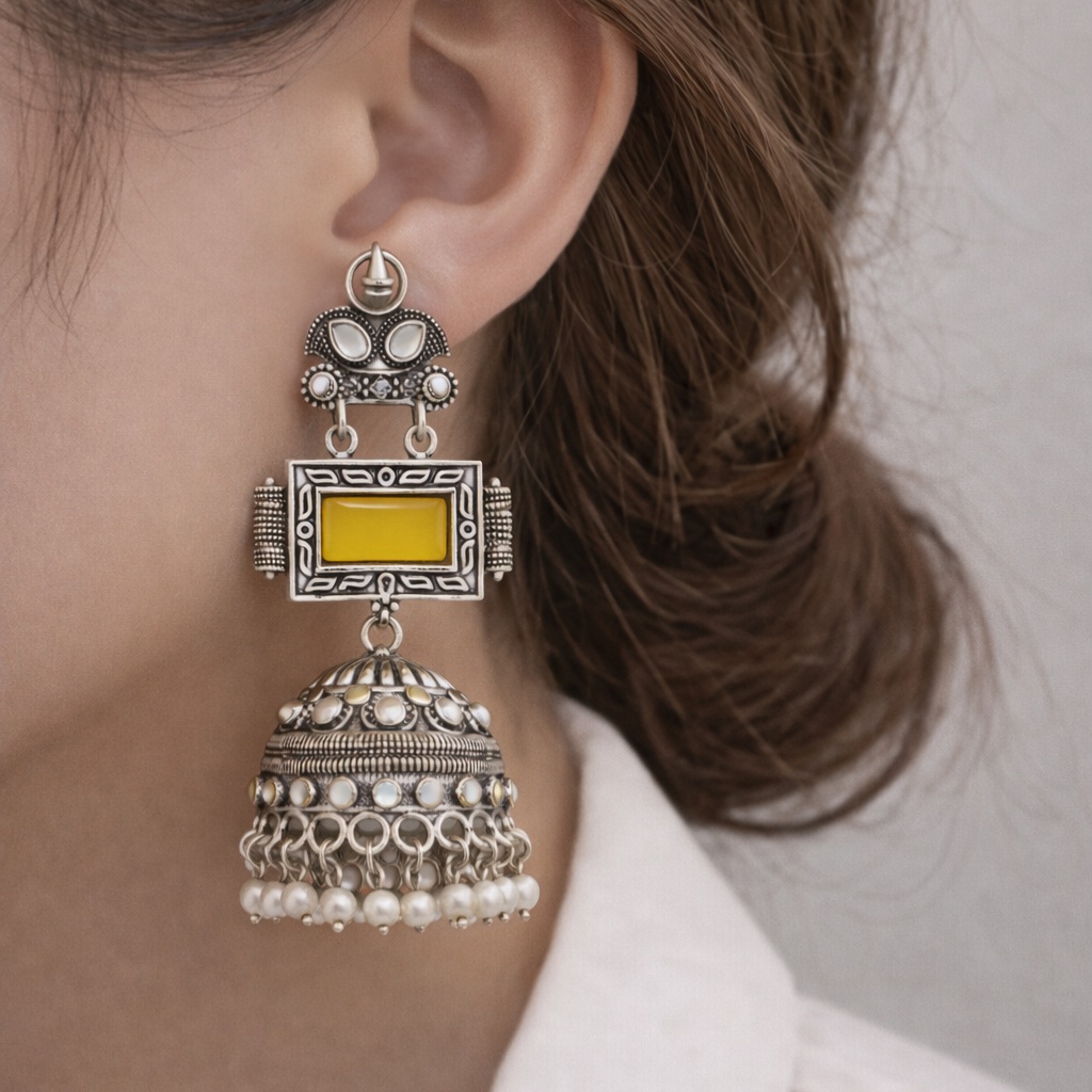 Traditional Oxidized Silver Jhumka Earrings with Yellow Stone & Pearl Drops | Royal Ethnic Jewellery for Women