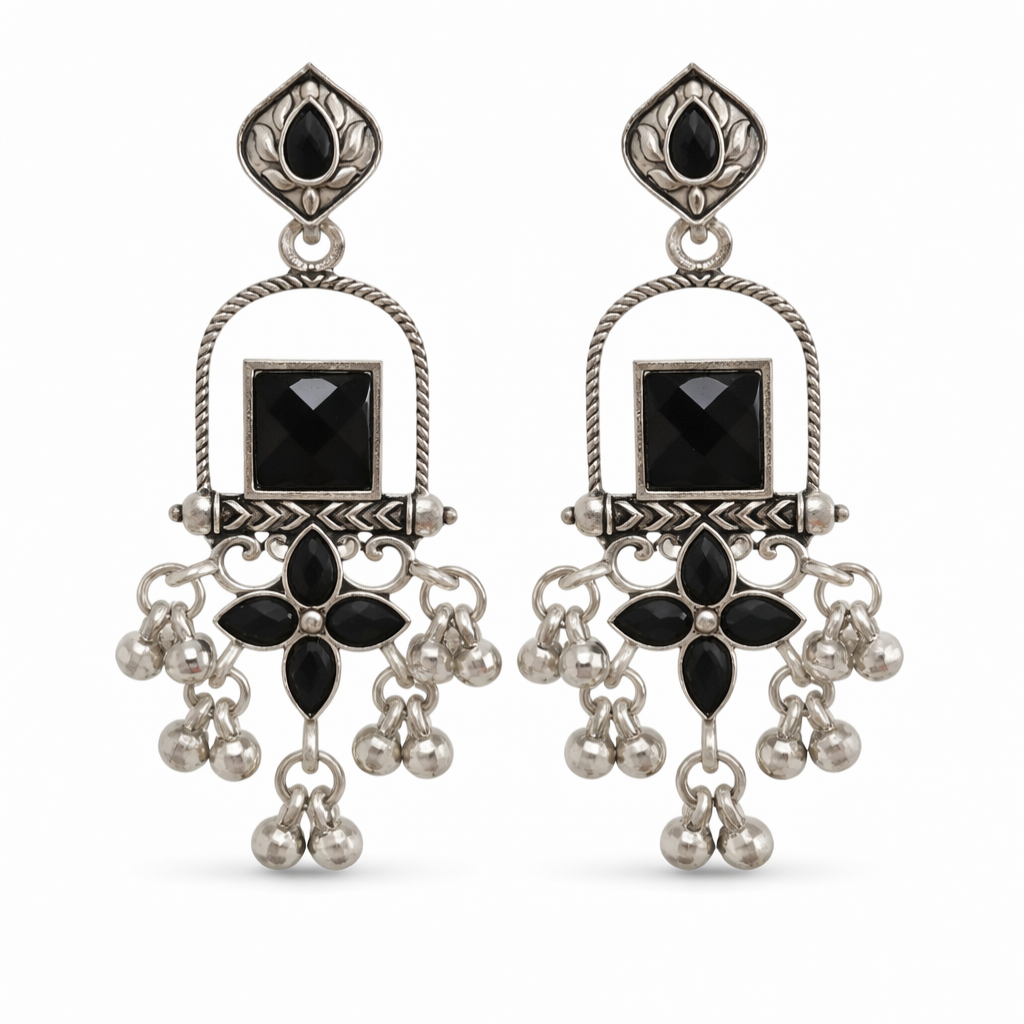 Traditional Silver Oxidised Green Kundan Dangler Earrings for Women | Antique Alloy Ethnic Jewellery