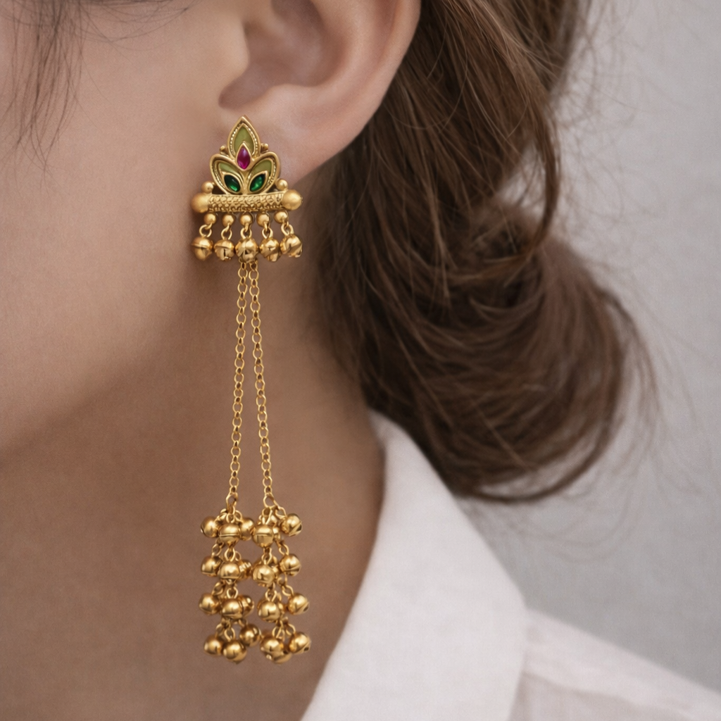 Royal Kashmiri Long Chain Ghungroo Drop Earrings for Women | Traditional Ethnic Jewellery