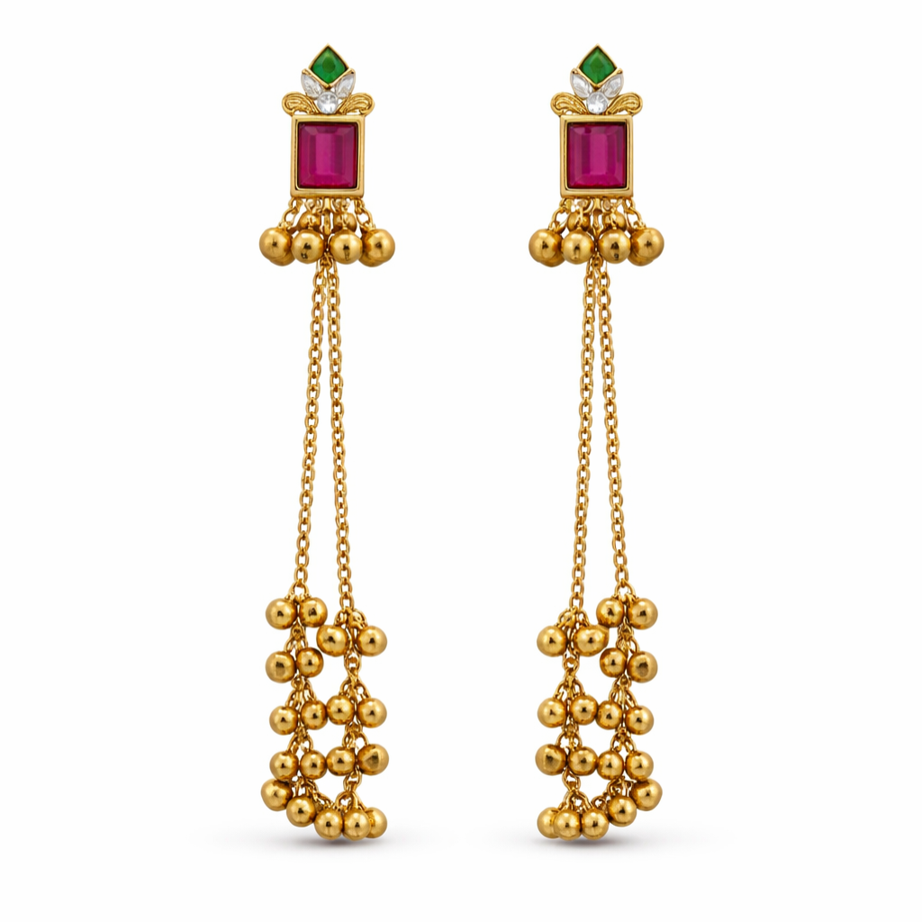 Pink Stone Kashmiri Long Chain Ghungroo Earrings for Women | Traditional Ethnic Jewellery
