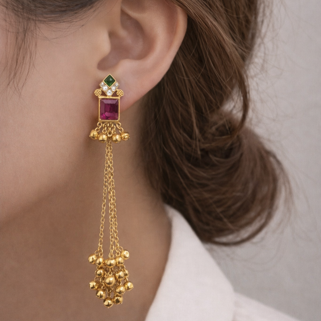 Pink Stone Kashmiri Long Chain Ghungroo Earrings for Women | Traditional Ethnic Jewellery