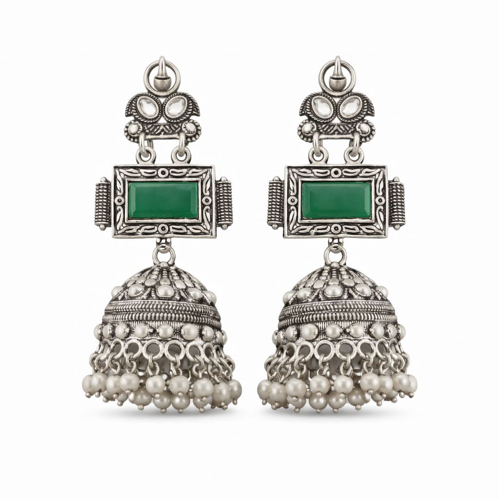 Imperial Heritage Oxidized Silver Jhumka Earrings with Deep Green Stone & Pearl Drops | Royal Ethnic Jewellery