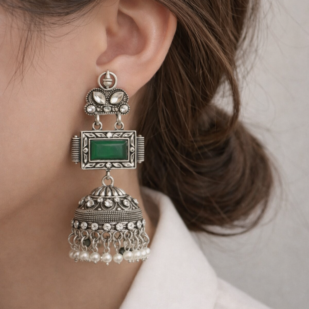 Imperial Heritage Oxidized Silver Jhumka Earrings with Deep Green Stone & Pearl Drops | Royal Ethnic Jewellery