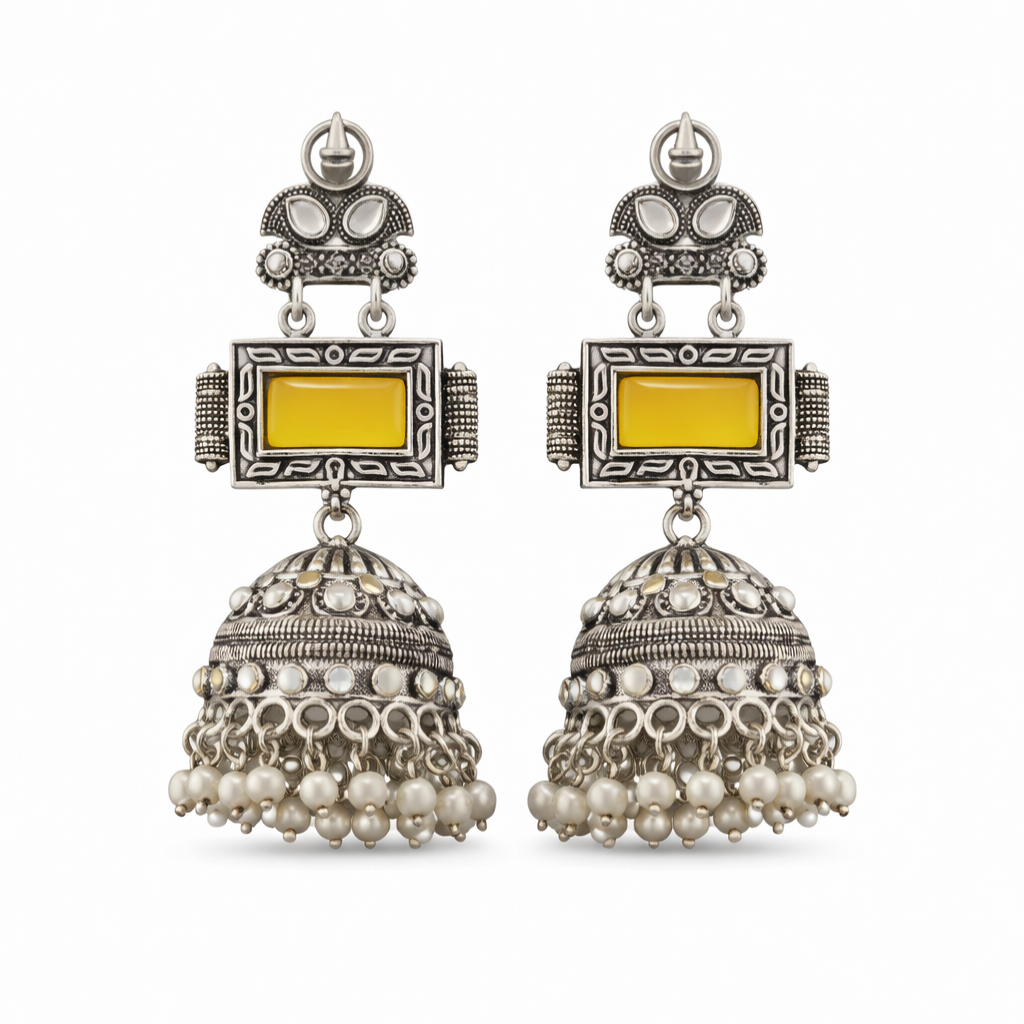 Traditional Oxidized Silver Jhumka Earrings with Yellow Stone & Pearl Drops | Royal Ethnic Jewellery for Women