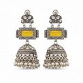 Traditional Oxidized Silver Jhumka Earrings with Yellow Stone & Pearl Drops | Royal Ethnic Jewellery for Women