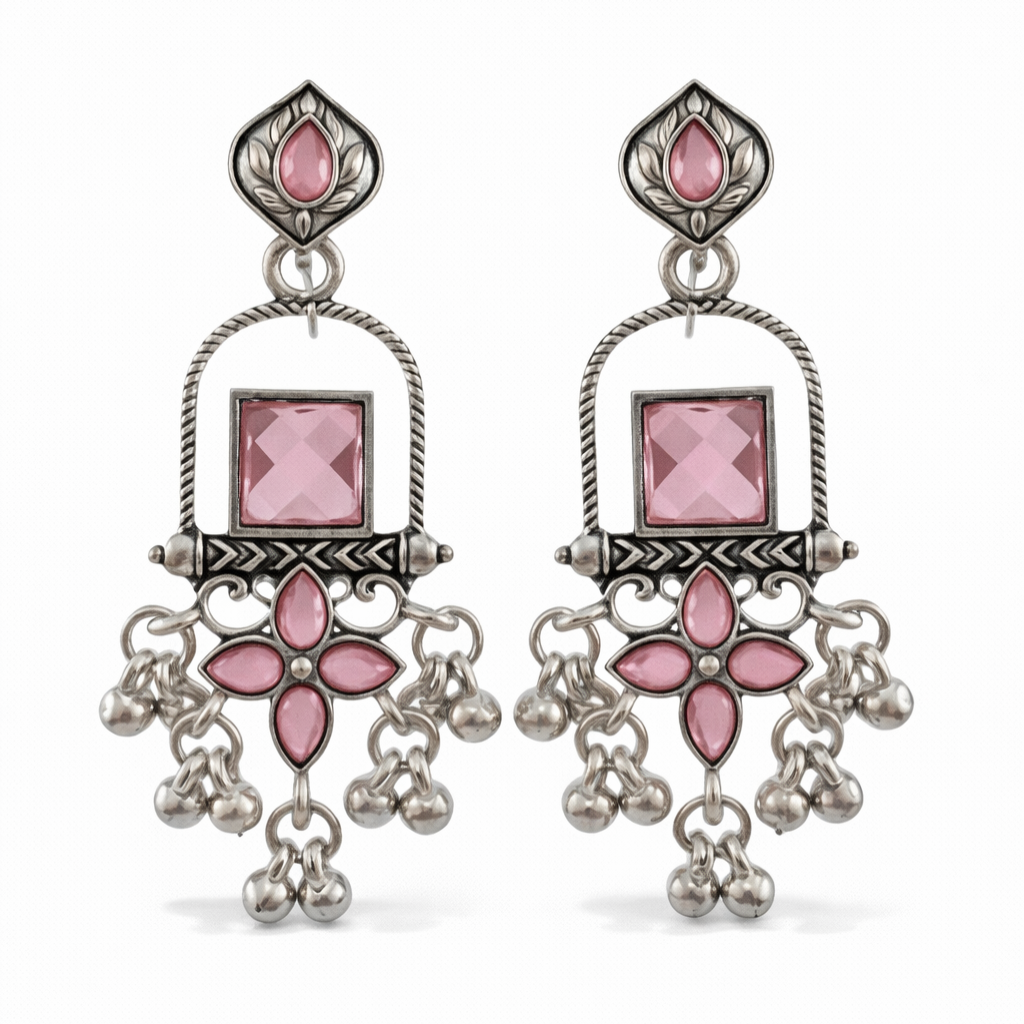 Traditional Silver Oxidised Green Kundan Dangler Earrings for Women | Antique Alloy Ethnic Jewellery