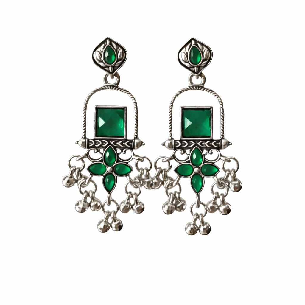 Traditional Silver Oxidised Green Kundan Dangler Earrings for Women | Antique Alloy Ethnic Jewellery