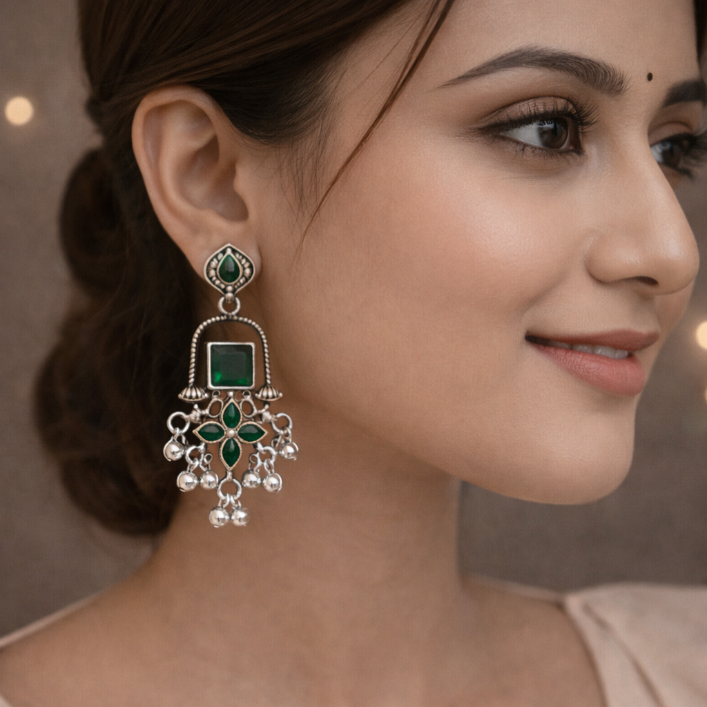 Traditional Silver Oxidised Green Kundan Dangler Earrings for Women | Antique Alloy Ethnic Jewellery