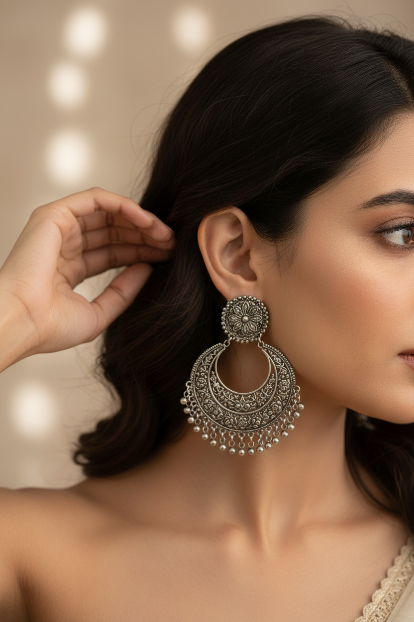 A premium lifestyle jewellery image featuring an Indian female model shown from the back or side profile, gently touching her hair to clearly showcase a pair of handcrafted silver oxidised Indian earrings. No rings on fingers, no necklace, no bangles. Earrings are the main focus, visible clearly with intricate detailing. Soft natural studio lighting, warm neutral background in beige or off-white tones. Clean, minimal composition with luxury editorial photography style. High-resolution, sharp focus on earrin