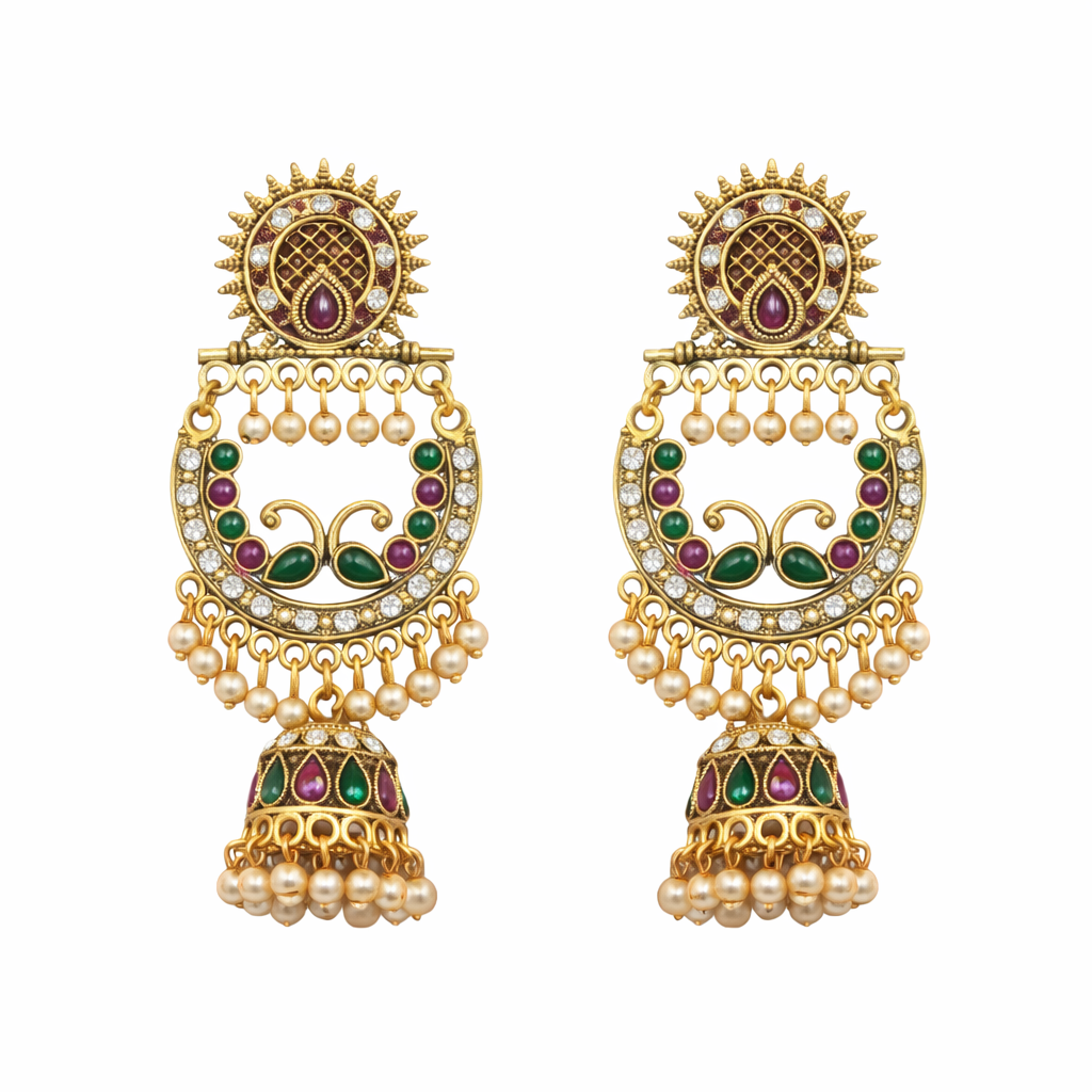 Peacock Motif Antique Gold Chandbali Jhumka Earrings with Pearls | Traditional Temple Jewellery for Women