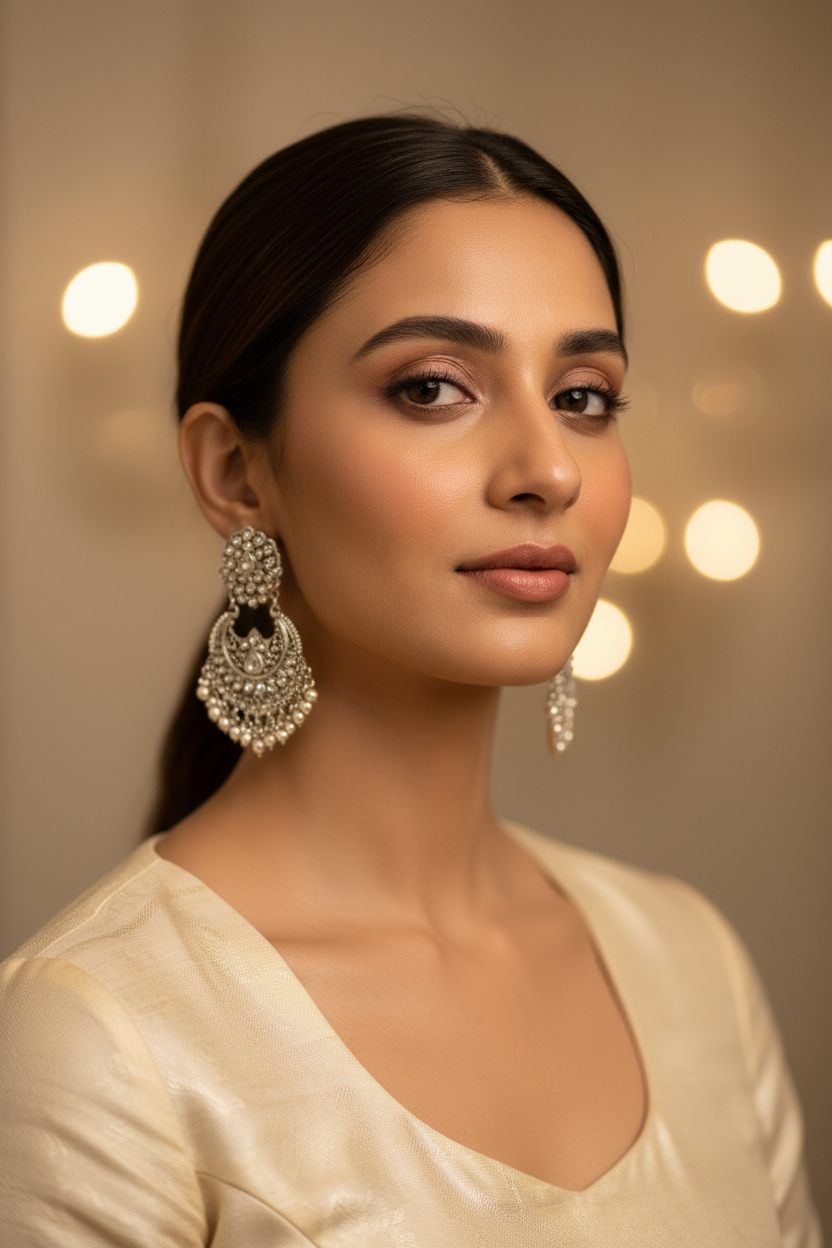 Ultra-realistic lifestyle fashion photograph of an elegant Indian woman model wearing premium traditional silver ethnic earrings, soft natural makeup, graceful expression, warm beige and ivory tones, minimal background with soft bokeh light, focus on earrings and neckline, cinematic lighting, shallow depth of field, luxury jewellery brand aesthetic, vertical composition, high resolution, editorial fashion shoot, no text, no watermark

Negative prompt (if available):

blurry, low quality, extra fingers, dist