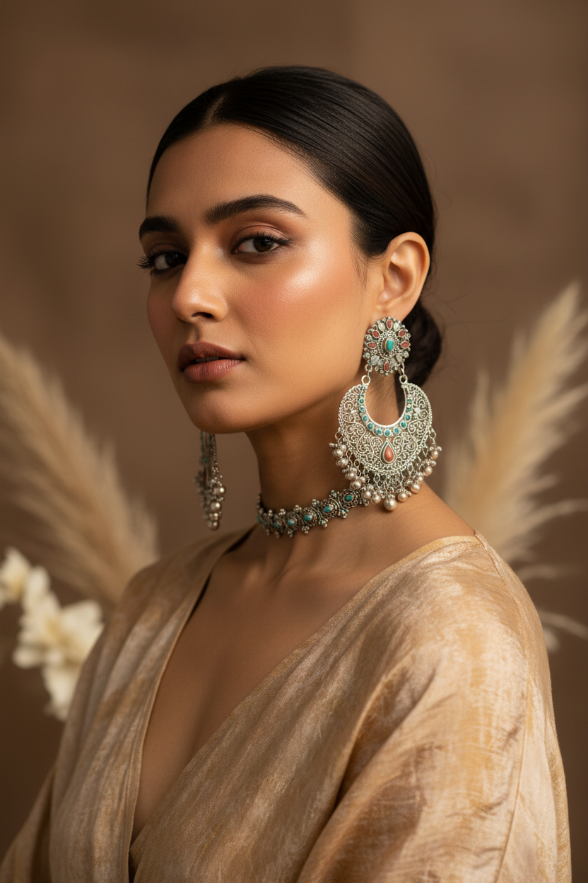 Ultra-realistic lifestyle photograph of an elegant Indian woman wearing handcrafted silver ethnic earrings, soft natural makeup, graceful expression, warm beige and earthy tones, minimal floral background, focus sharply on the earrings and neckline, shallow depth of field, natural daylight, premium handmade jewellery brand aesthetic, cultural and artistic mood, vertical composition, high resolution, no text, no watermark . Portrait 4:5 (1080 × 1350 or higher)
